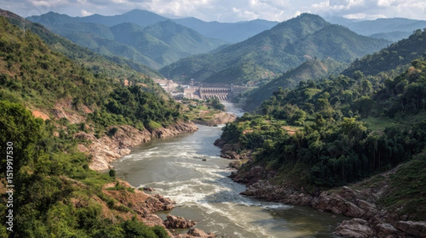 Fototapeta Stunning view of Mekong River, showcasing lush green mountains and hydroelectric dam in background, symbolizing energy and nature beauty
