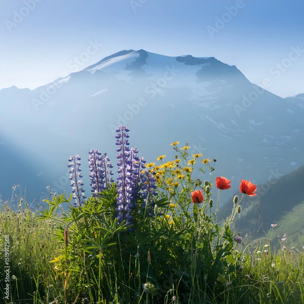 Obraz Vibrant wildflowers bloom in a lush meadow with majestic snow capped mountains in the background.