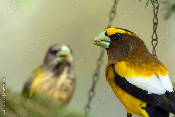 Fototapeta A vibrant male yellow Evening Grosbeak sitting in a feeder with a female bird on the spruce tree with green needles in spring backyard garden.