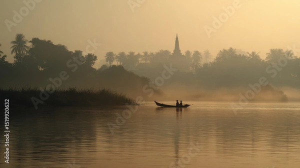 Fototapeta Tranquil morning scene on Mekong River, featuring silhouetted fisherman in boat surrounded by mist and palm trees. soft light creates serene atmosphere, perfect for reflection