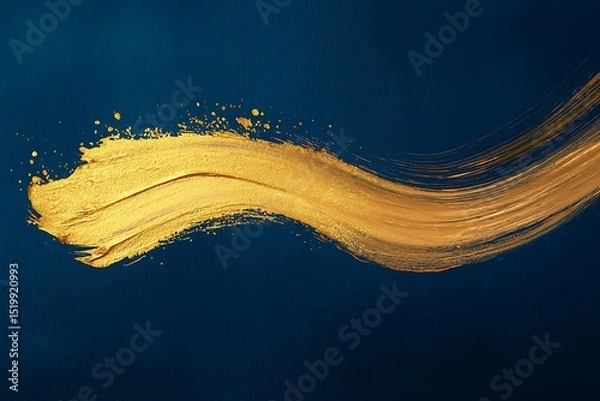Obraz A radiant gold brushstroke on a deep indigo background, with a soft gold blot smear flowing outward, creating an elegant and striking aesthetic.