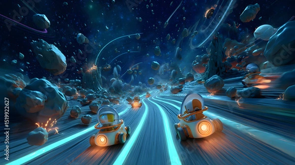 Obraz 3D cartoon of a cosmic race with kids piloting