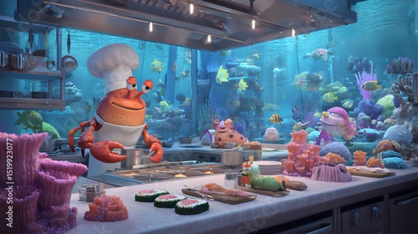 Obraz 3D cartoon of a crab chef cooking in a coral tree