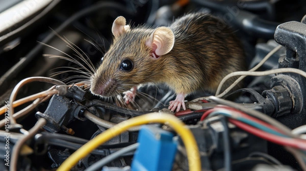 Fototapeta A scene depicting a rat gnawing on car wiring inside an engine bay, with the surrounding components slightly Clipping path included.