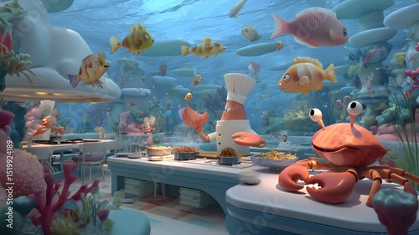 Obraz 3D cartoon of a crab chef cooking in a coral tree