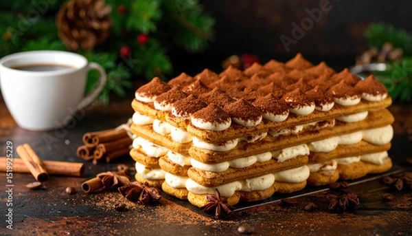 Fototapeta Decadent dessert layers of rich espresso soaked ladyfingers alternating with creamy filling, garnished with cocoa powder, perfect for festive gatherings and indulgent moments