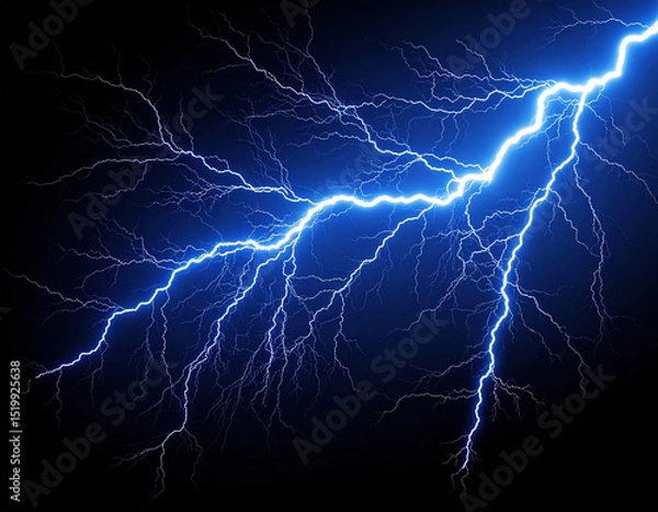 Obraz Dramatic flash of lightning illuminates dark background, creating striking visual effect that captivates viewer attention. intense blue color enhances electrifying atmosphere
