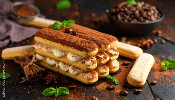 Fototapeta Decadent dessert layers of rich espresso soaked ladyfingers, alternating with creamy filling, garnished with mint leaves, evoke indulgence and warmth. Perfect for coffee lovers