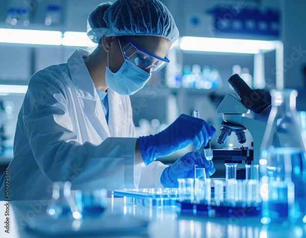Fototapeta Dedicated scientist in pristine white attire, complete with safety goggles and gloves, meticulously conducts experiments in modern laboratory filled with glassware and scientific equipment
