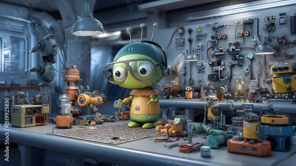 Obraz 3D cartoon cute alien wearing glasses is building a laboratory