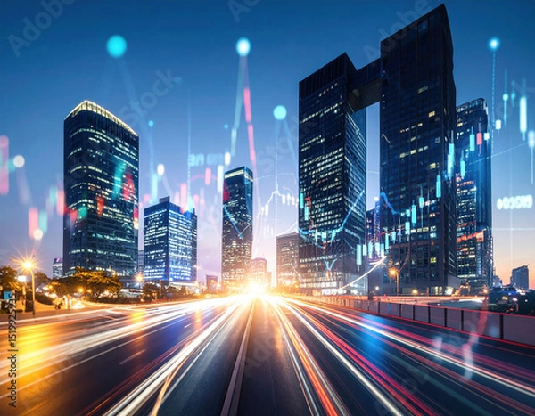 Obraz Vibrant cityscape at dusk showcases modern skyscrapers illuminated against darkening sky, with dynamic financial data visualizations overlaying scene, creating sense of innovation and progress