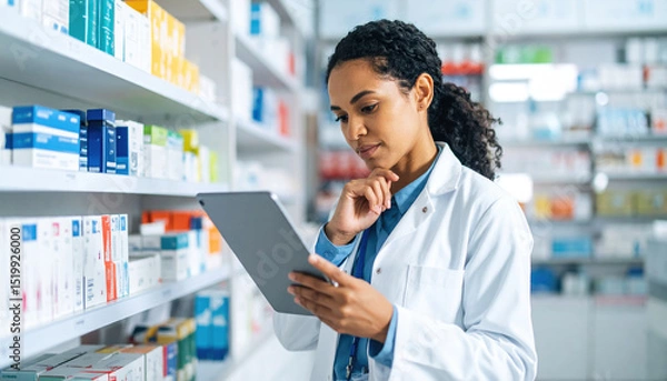 Obraz Female pharmacist carefully reviews prescription on digital tablet while surrounded by shelves of medication, showcasing her dedication and professionalism in pharmacy setting