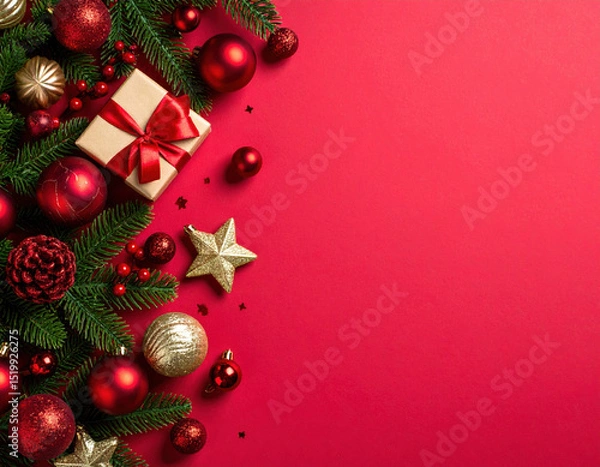 Obraz Festive scene of red hued elegance unfolds as flat lay presents cozy tableau featuring Christmas ornaments, gift box, and decorative elements, evoking warmth and celebration