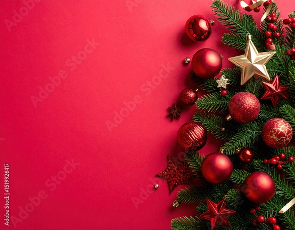 Obraz Festive scene of red hued elegance unfolds as flat lay presents cozy tableau of Christmas ornaments, including shiny baubles and decorative stars, evoking holiday cheer
