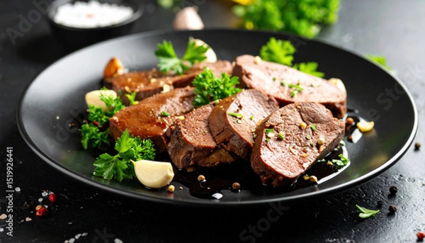 Fototapeta Delicious plate of pan seared liver garnished with fresh herbs, garlic, and spices, showcasing rich and savory presentation that is sure to delight any gourmet enthusiast