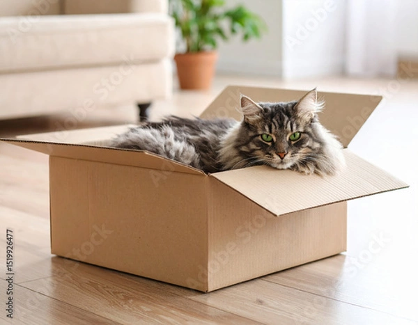 Obraz Fluffy gray tabby cat with emerald eyes lounges comfortably in cardboard box, exuding sense of contentment and curiosity in cozy indoor setting