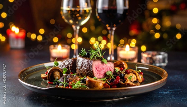 Fototapeta Beautifully plated dish featuring succulent fillet of meat, garnished with fresh herbs and accompanied by colorful vegetables and berries. setting is warm and inviting, enhanced by soft