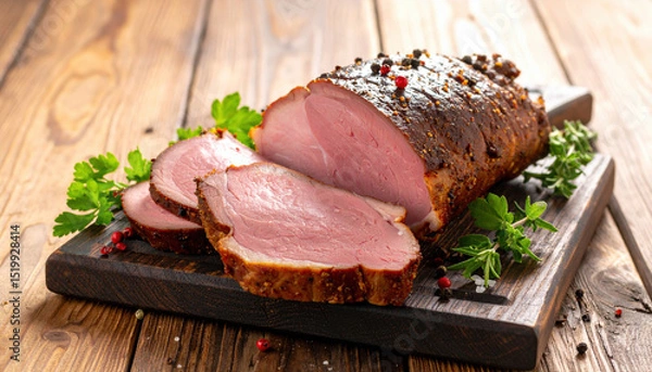 Fototapeta Beautifully cooked piece of smoked meat, sliced and presented on wooden board, garnished with fresh herbs, evokes sense of warmth and comfort