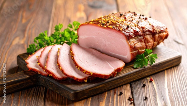 Fototapeta Sliced pieces of traditional smoked meat rest on wooden cutting board, garnished with fresh herbs, showcasing rich, savory texture and flavor that invites indulgence