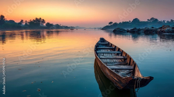 Fototapeta Traditional wooden boat floats serenely on calm waters of Mekong River at sunrise, surrounded by lush greenery and rocky formations, creating tranquil and picturesque scene