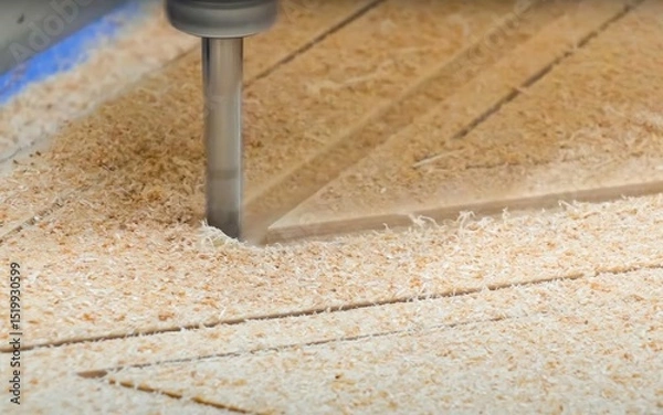 Fototapeta CNC machine cutting wood in workshop precision manufacturing process closeup