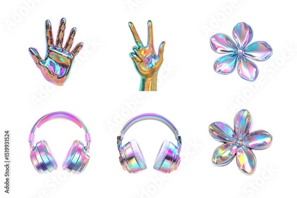 Fototapeta An array of vibrant, holographic symbols including hands, peace sign, headphones, and flowers, showcasing colorful designs perfect for digital art and modern creative projects.