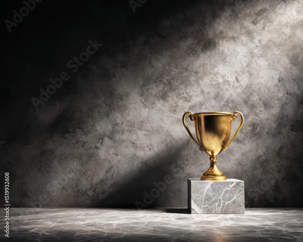 Obraz Golden trophy cup illuminated on a gray marble pedestal against a textured dark wall, symbolizing success, triumph, and achievement—ai generative.