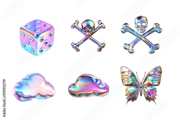 Fototapeta A vibrant collection of holographic icons including a die, skull and crossbones, clouds, and a butterfly, perfect for digital art projects and creative designs.