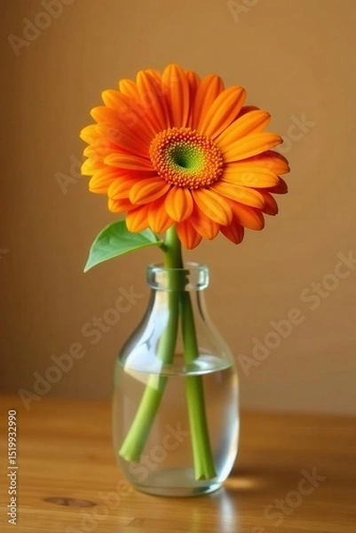 Obraz Vibrant orange gerbera daisy in simple glass vase, wooden table, khaki backdrop , table, nature, composition