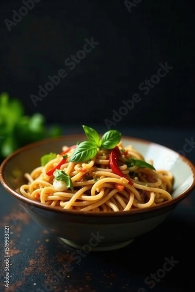 Obraz Vibrant veggie Pad Thai with udon noodles, dark backdrop , noodles, foodblogger