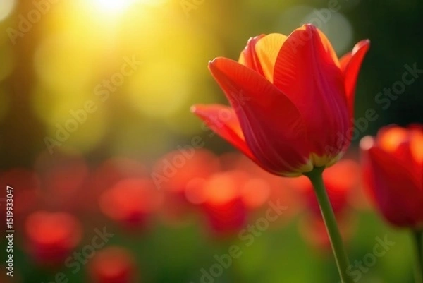 Obraz Vibrant red tulip, soft sunlight, blurred background, copy space, floral, spring