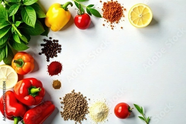 Obraz Vibrant vegetables & spices ready for cooking White table, overhead shot , healthy, still life