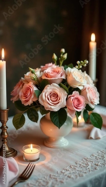 Obraz Vintage-inspired table with blush roses & flickering candles Delicate lace accents , party, wedding table