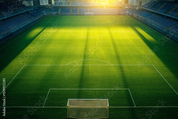 Obraz Aerial view of an empty professional soccer field bathed in golden hour sunlight, long shadows stretching across the vibrant green turf—ai generative.