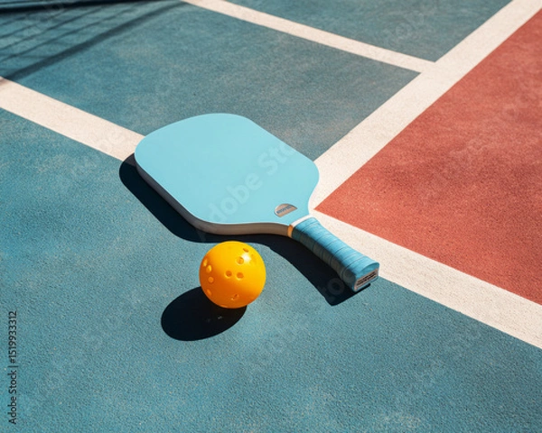 Obraz Pickleball paddle and neon ball lying on a sunlit textured court with clean white boundary lines and vibrant color contrast—ai generative.