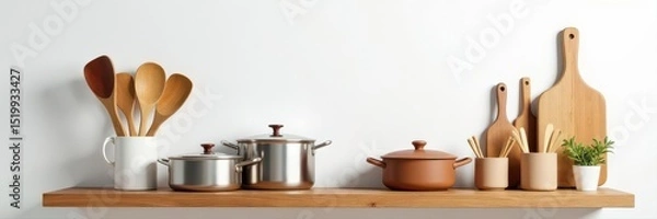 Obraz Wooden shelf with assorted kitchen utensils and cookware against a white wall , pan, shelf, storage