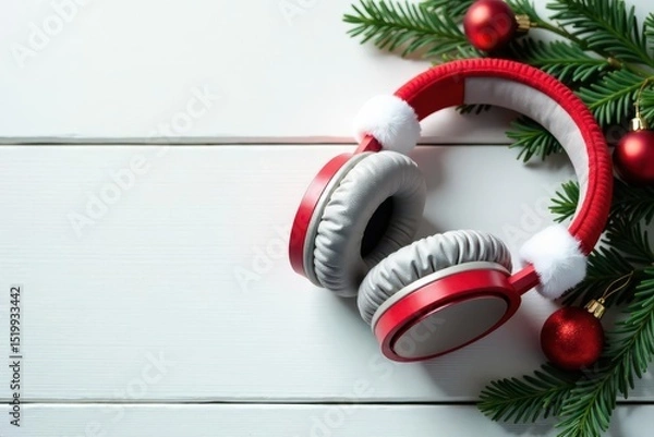 Obraz White wooden background, cozy Xmas headphones, copy space , december, festive