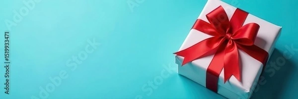 Obraz Wrapped gift with bow on blue surface, holiday card concept , gift, romance, copyspace