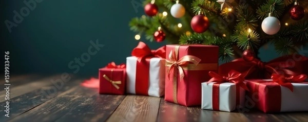 Obraz Wrapped presents beneath decorated Christmas tree, winter, ribbon