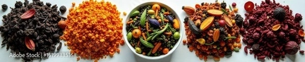 Obraz Assortment of loose leaf teas, diverse colors and textures, texture, caffeine, teacup