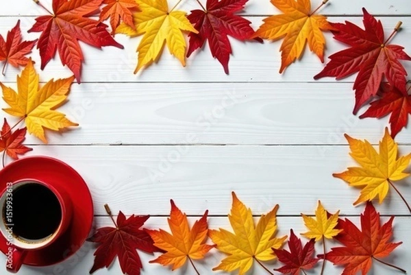 Obraz Autumn leaves frame red coffee cup on white wood table , leaves, top view, blank
