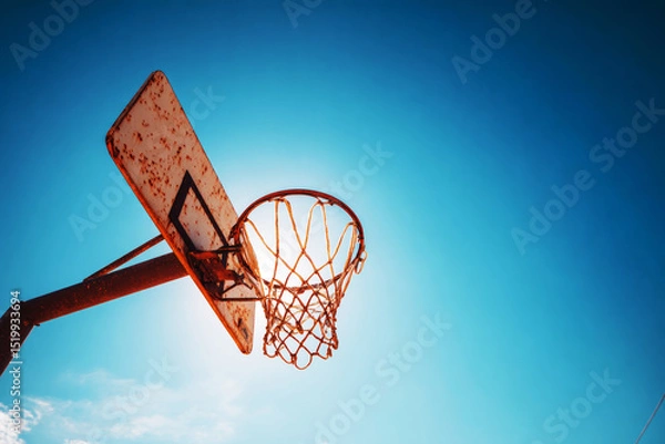 Obraz Low-angle shot of a weathered basketball hoop with a rusty pole and worn net, silhouetted against a vibrant clear sky—ai generative.