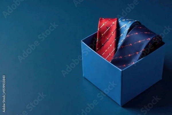 Obraz Blue gift box with assorted neckties on dark blue; Happy Father's Day banner design, ribbon, present
