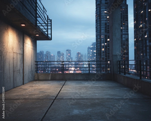 Obraz Empty rooftop with concrete floor and metal railings, surrounded by tall glass buildings and city lights in the distance at dusk—ai generative.