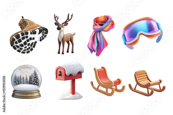 Fototapeta A vibrant collection of winter-themed icons including sleds, a deer, scarves, and snow globes, perfect for capturing the essence of the festive season and outdoor fun.