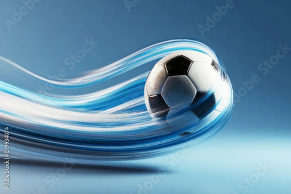 Obraz Soccer ball captured mid-flight against blue background with vivid motion blur forming a sweeping arc, emphasizing speed and direction—ai generative.
