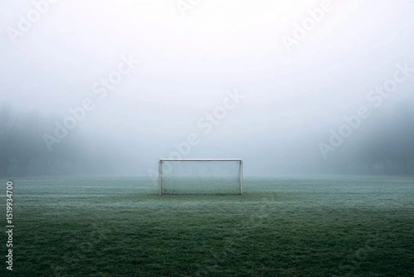 Obraz Lone soccer goalpost stands centered on a frosted grass field enveloped in dense morning fog, with bare trees faintly visible in the background—ai generative.