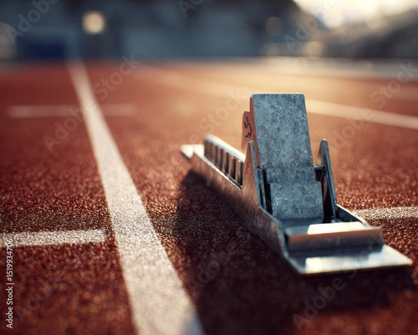 Obraz Close-up of a metallic sprint starting block positioned on a red rubber running track, captured in warm light with shallow depth of field, symbolizing readiness and competition.