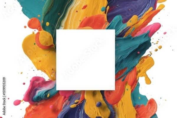 Fototapeta Vibrant paint splash with white square frame isolated on white background