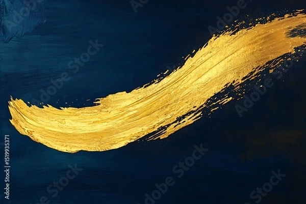 Obraz A radiant gold brushstroke on a deep indigo background, with a soft gold blot smear flowing outward, creating an elegant and striking aesthetic.